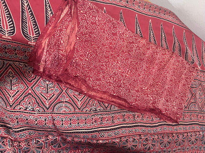 Ajrakh Modal Silk Saree - Red