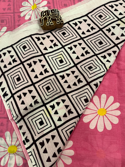 Pink Flower Print Running Mul Cotton Saree