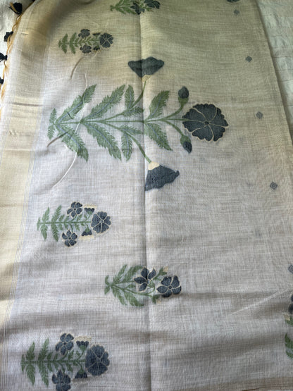 Chanderi Cotton Jamdani Saree - Black Flower Weaving