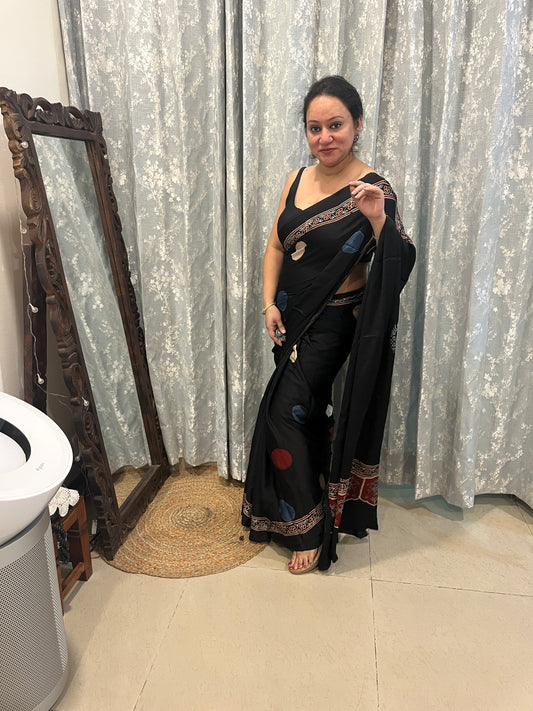 Contemporary Ajrakh Modal Silk Saree - Black Polka Dots