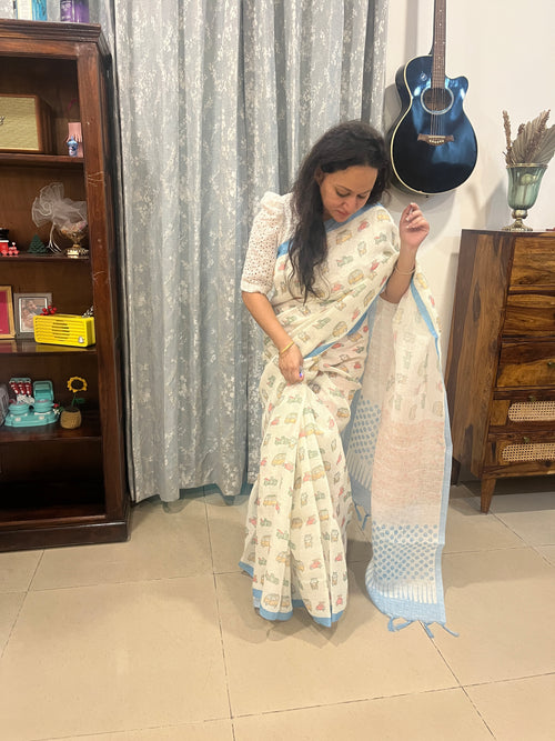 Quirky Linen Cotton Saree - Blue Musafir