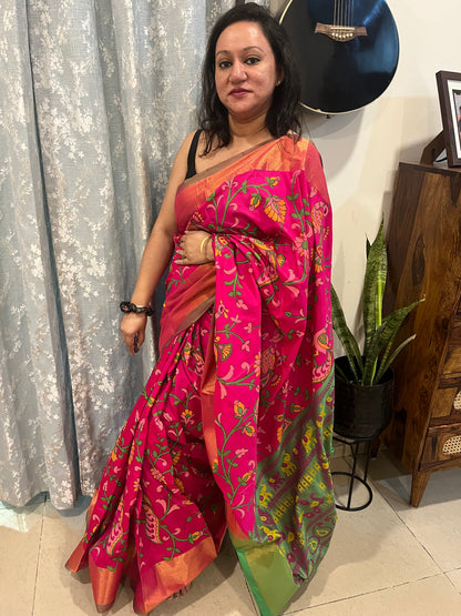 Kalamkari Printed Nelluri Silk Saree - Hot Pink