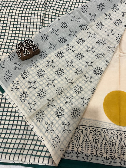 ‘Bindi Tales’ Handblock Mul Cotton Saree - Yellow on Off-white