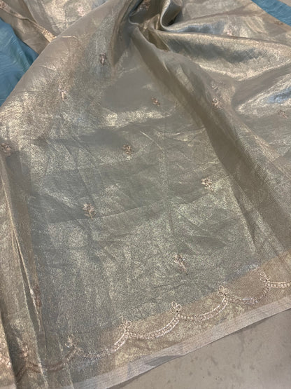Pitta Work Crepe Tissue Saree - Aqua