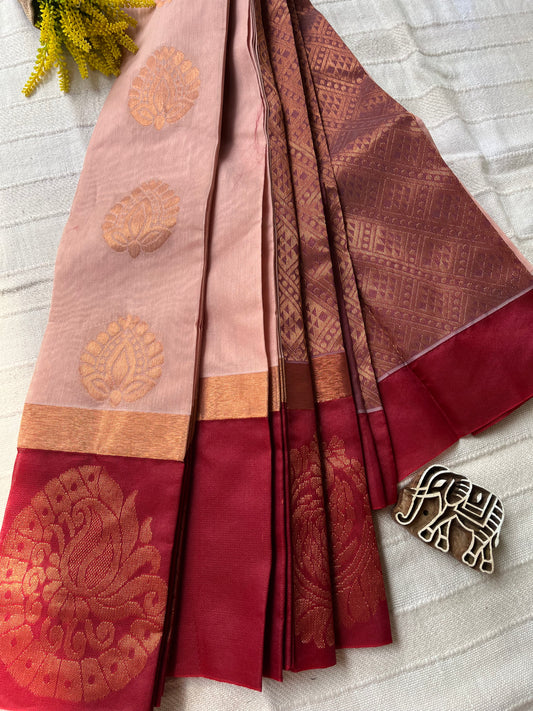 Uppada Kotanji Border Silk Cotton Saree - Rose Gold & Maroon Combination