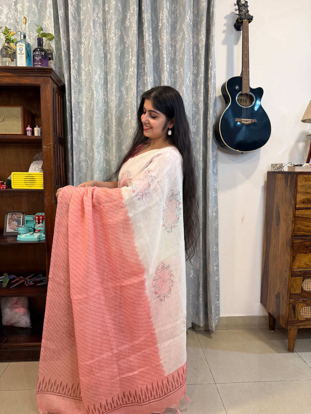 Quirky Linen Cotton Saree - Peach Elephants