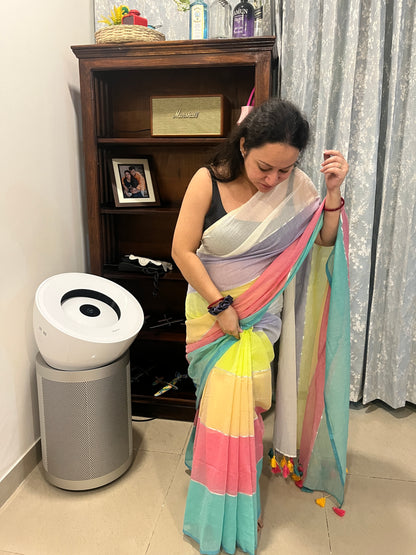 Multicolour Broad Zari Stripes Mul Cotton Saree (No Blouse piece)