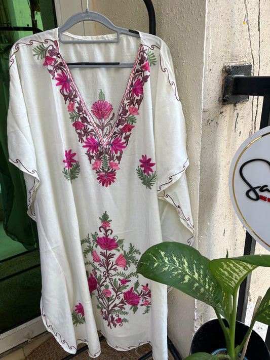 Crush Cotton Aariwork Kaftan - White