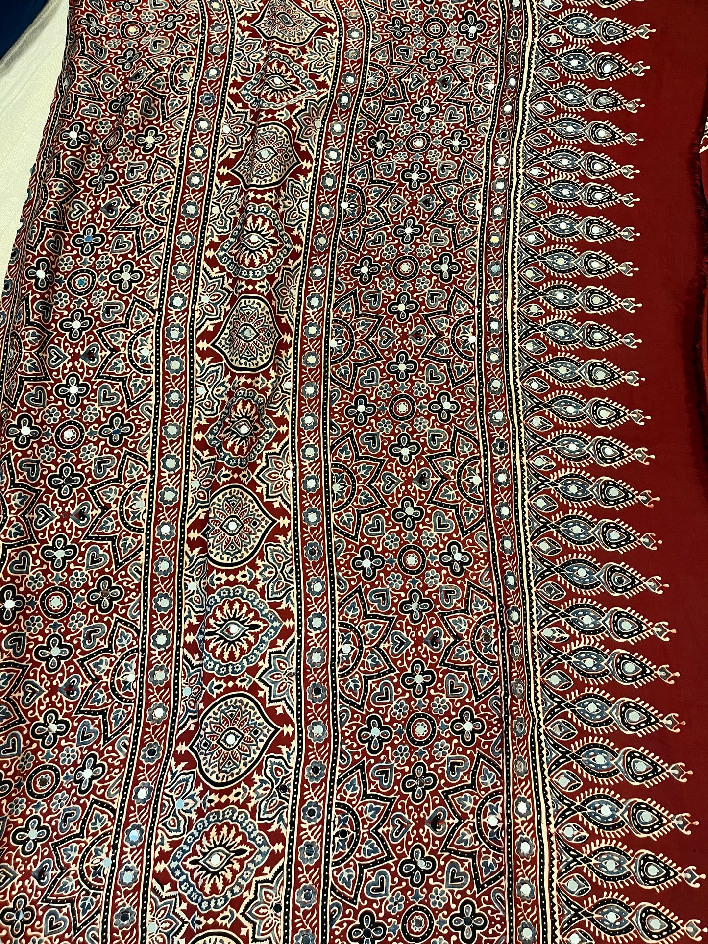 Ajrakh Modal Silk Saree with Mirror Work - Red Leaf Motifs