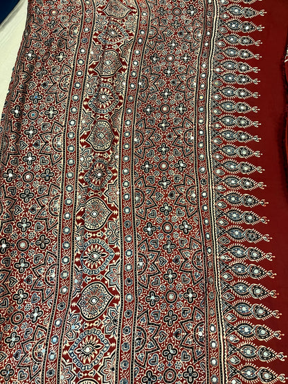 Ajrakh Modal Silk Saree with Mirror Work - Red Leaf Motifs