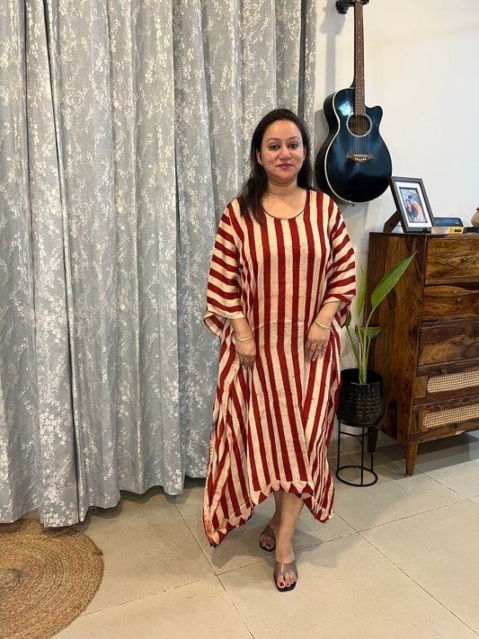Ajrakh Modal Silk Kaftan - Red Stripes