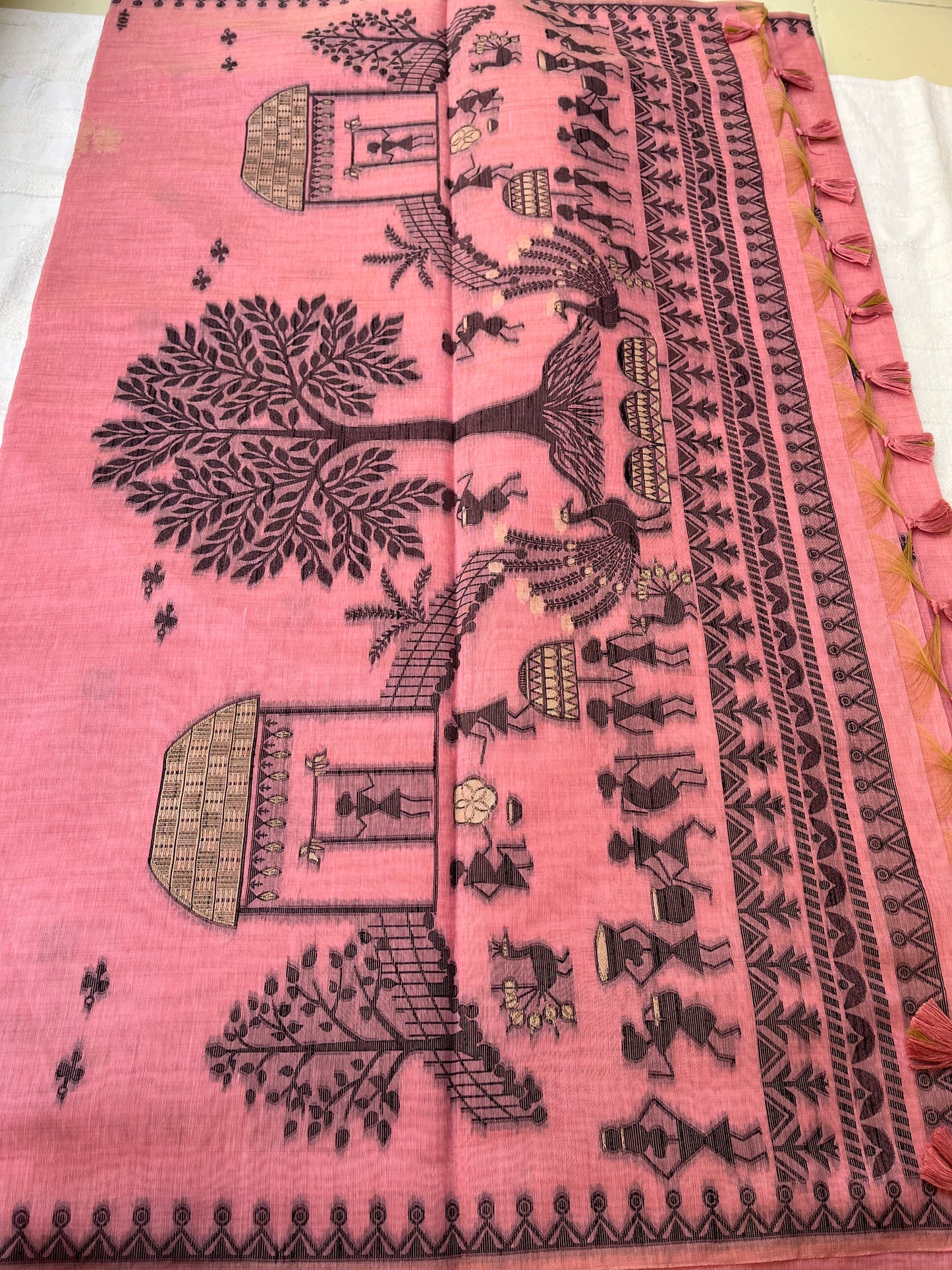 Chanderi Cotton Jamdani Saree - Pink Tribal Art