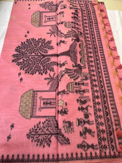Chanderi Cotton Jamdani Saree - Pink Tribal Art