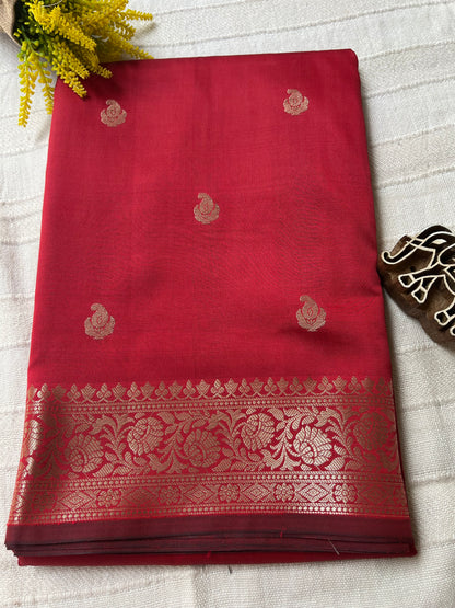 Banarasi Soft Silk Saree - Red Ambi Butti