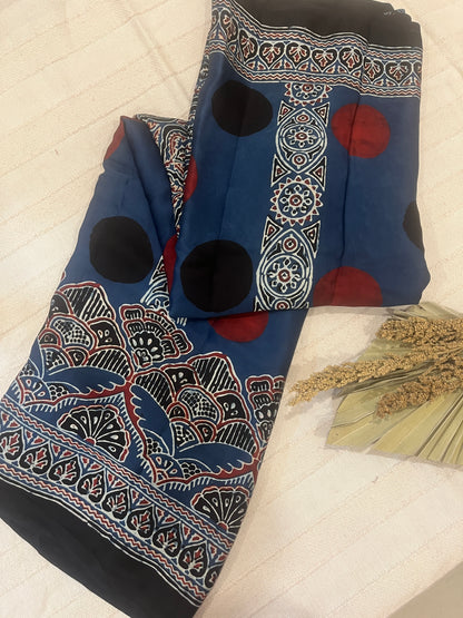 Contemporary Ajrakh Modal Silk Saree- Indigo with Polka Dots