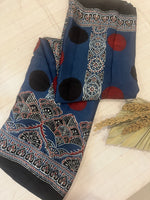 Contemporary Ajrakh Modal Silk Saree- Indigo with Polka Dots