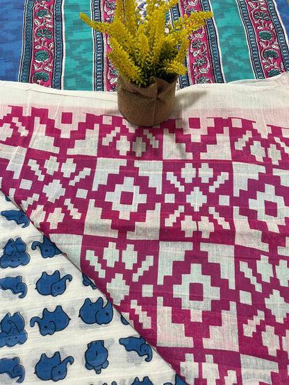 Blue Elephant Print Quirky Mul Cotton Saree