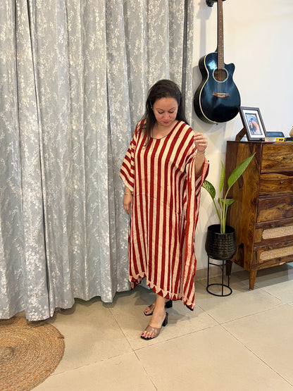 Ajrakh Modal Silk Kaftan - Red Stripes