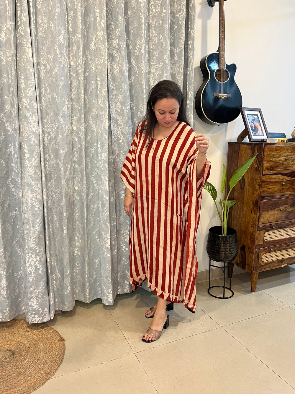 Ajrakh Modal Silk Kaftan - Red Stripes