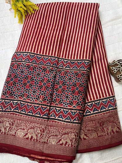 Ajrakh Dola Silk Saree - Contemporary Deep Red Stripes (with tassels)