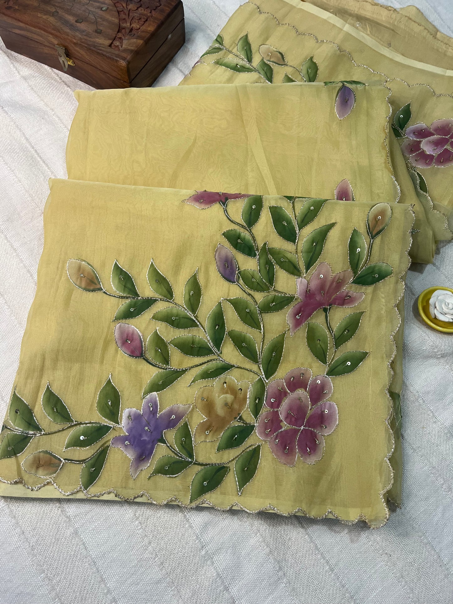 Crepe Organza Handpainted Saree with Embroidery- Lemon Yellow