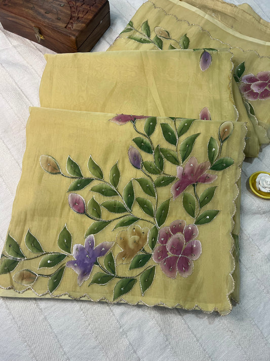 Crepe Organza Handpainted Saree with Embroidery- Lemon Yellow
