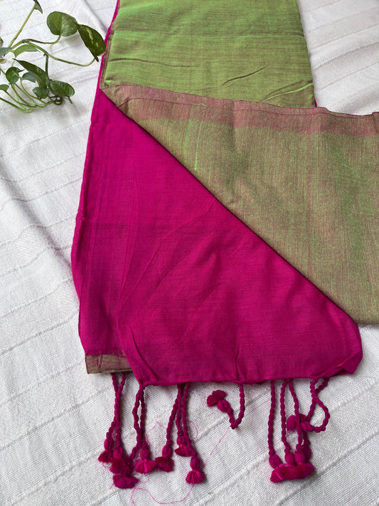 Dual Candy Color Handloom Khadi Cotton Saree - Green & Pink