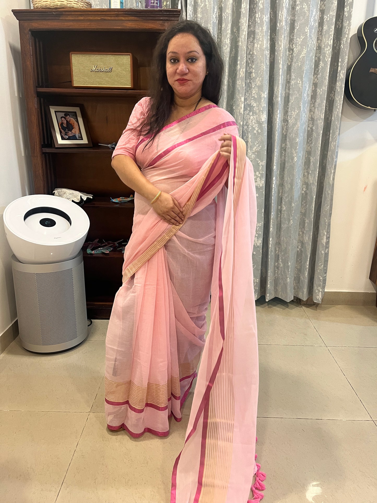 Zari Mul Cotton Saree - Baby Pink with Magenta Border (No Blouse piece)