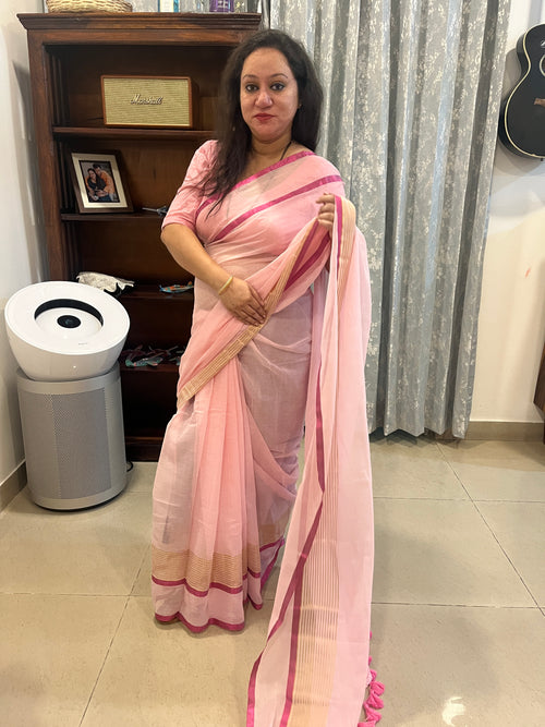 Zari Mul Cotton Saree - Baby Pink with Magenta Border (No Blouse piece)