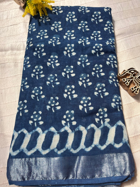 Indigo Dabu Handblock Linen Cotton Saree