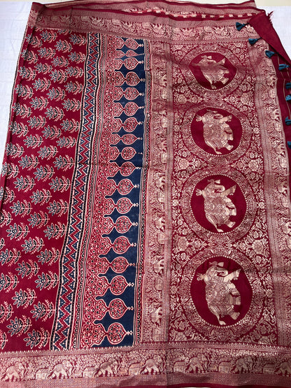 Ajrakh Dola Silk Saree - Contemporary Deep Red Stripes (with tassels)