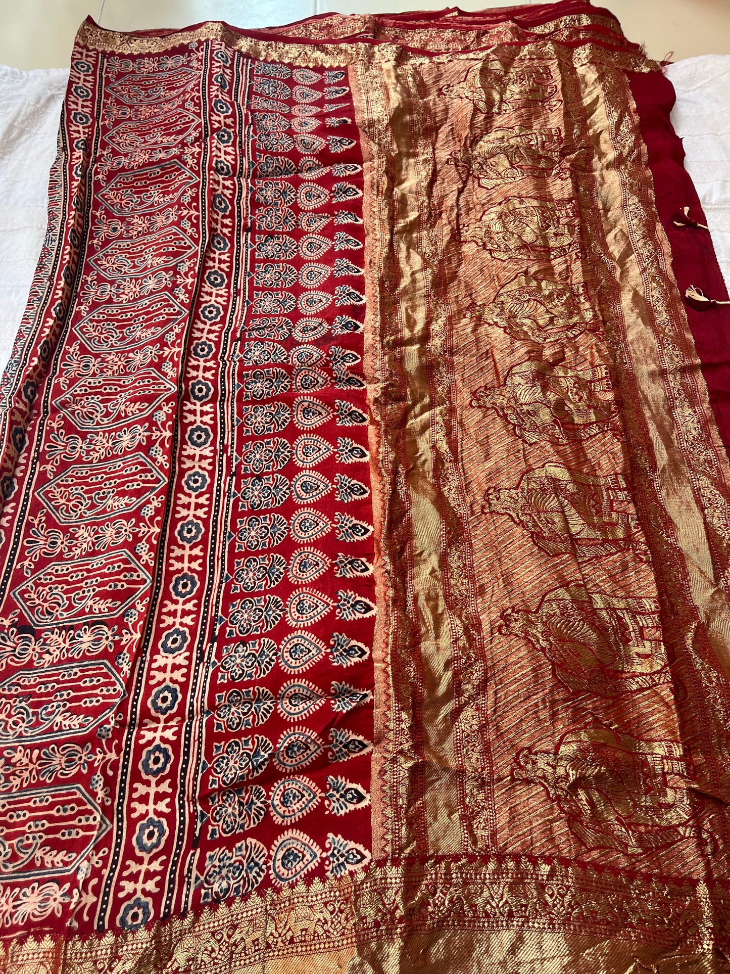 Classic Ajrakh Dola Silk Saree - Red (with tassels)