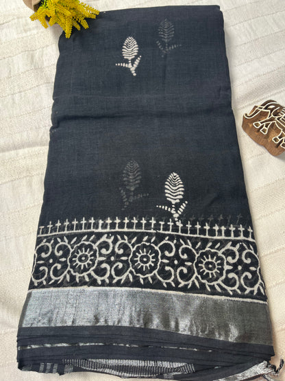 Bagru Handblock Linen Cotton Saree- Black