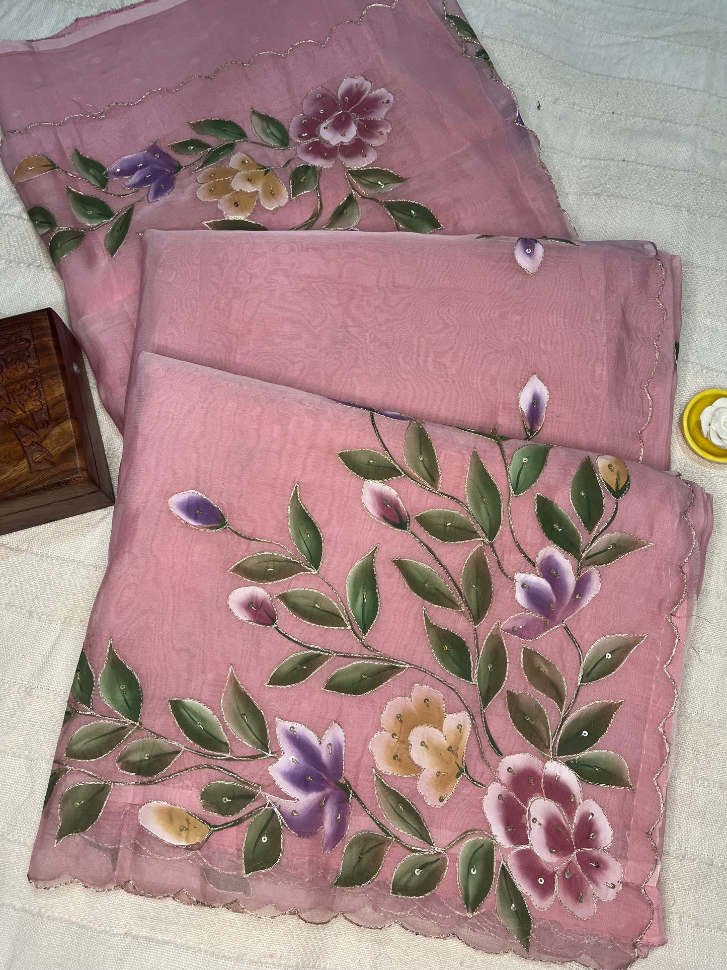 Crepe Organza Handpainted Saree with Embroidery- Baby Pink