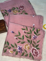 Crepe Organza Handpainted Saree with Embroidery- Baby Pink