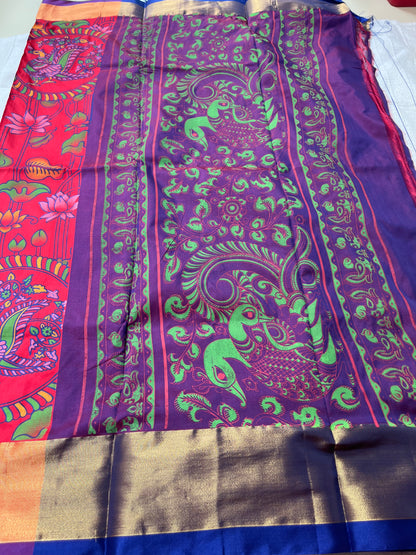 Kalamkari Printed Nelluri Silk Saree - Red