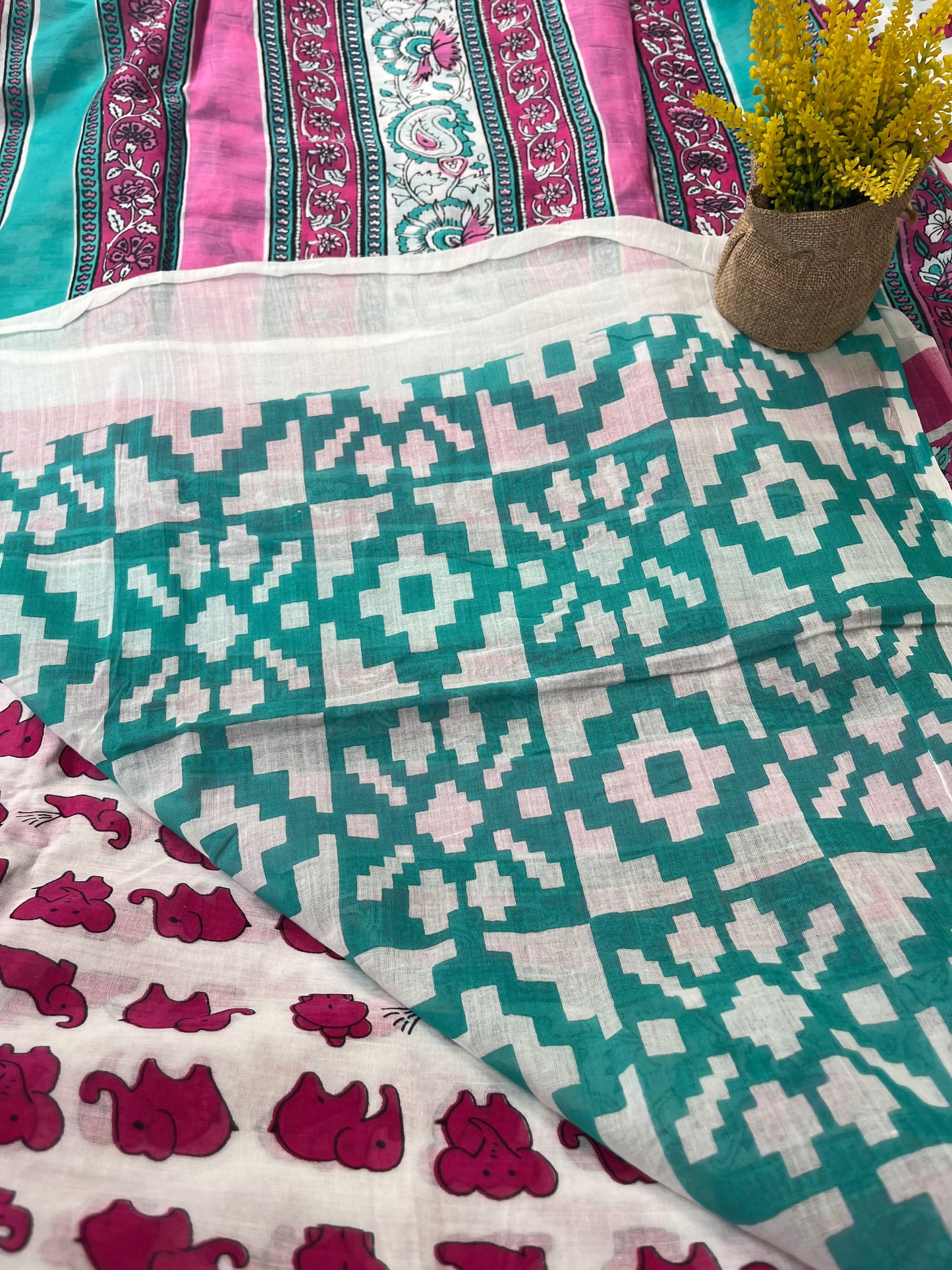 Pink Elephant Quirky Mul Cotton Saree