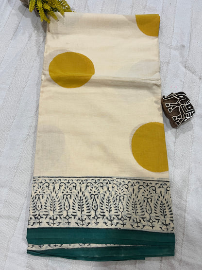 ‘Bindi Tales’ Handblock Mul Cotton Saree - Yellow on Off-white