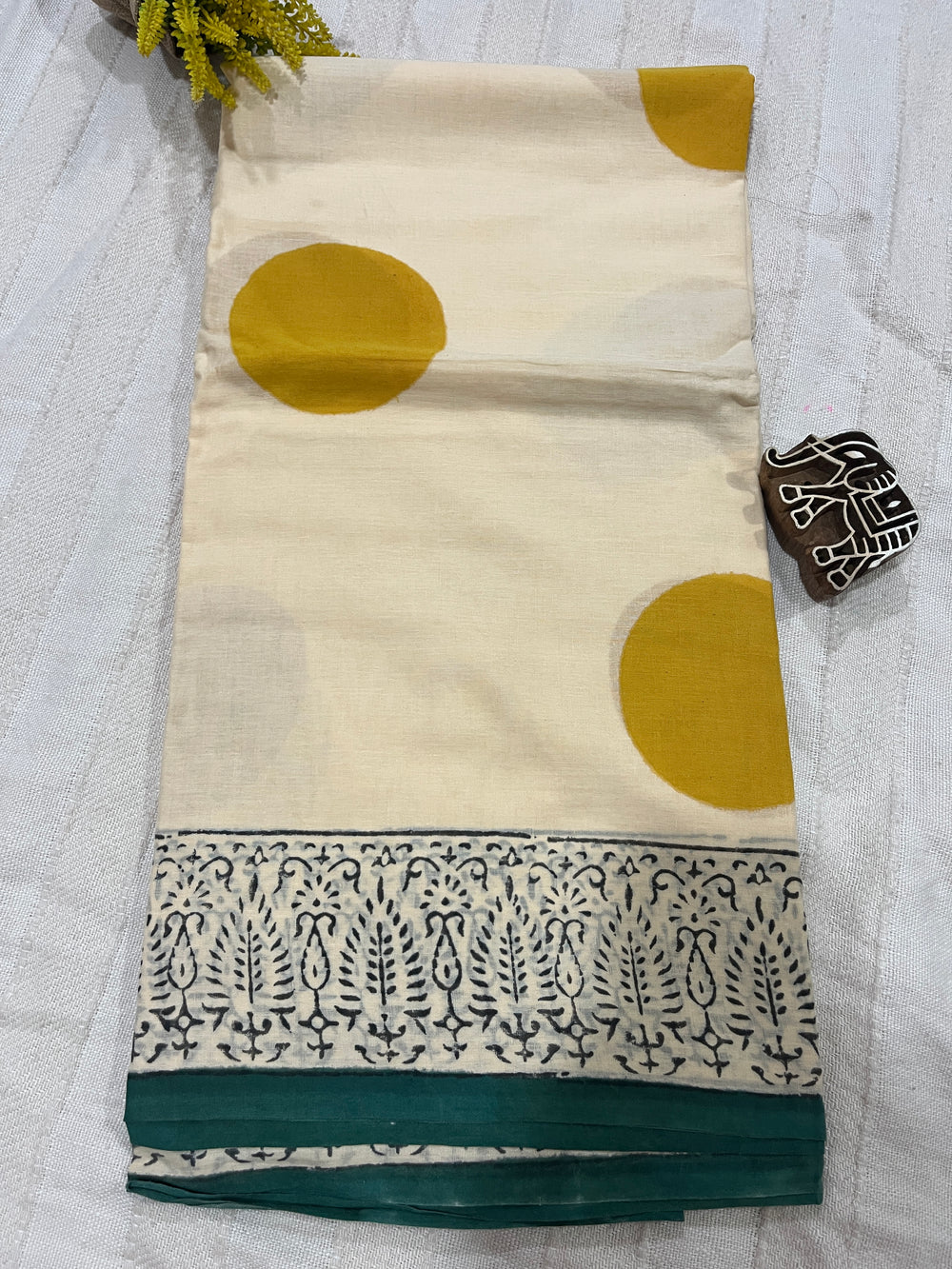 ‘Bindi Tales’ Handblock Mul Cotton Saree - Yellow on Off-white