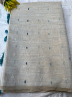 Chanderi Cotton Jamdani Saree - Ivory-Sky Blue Flower Weaving