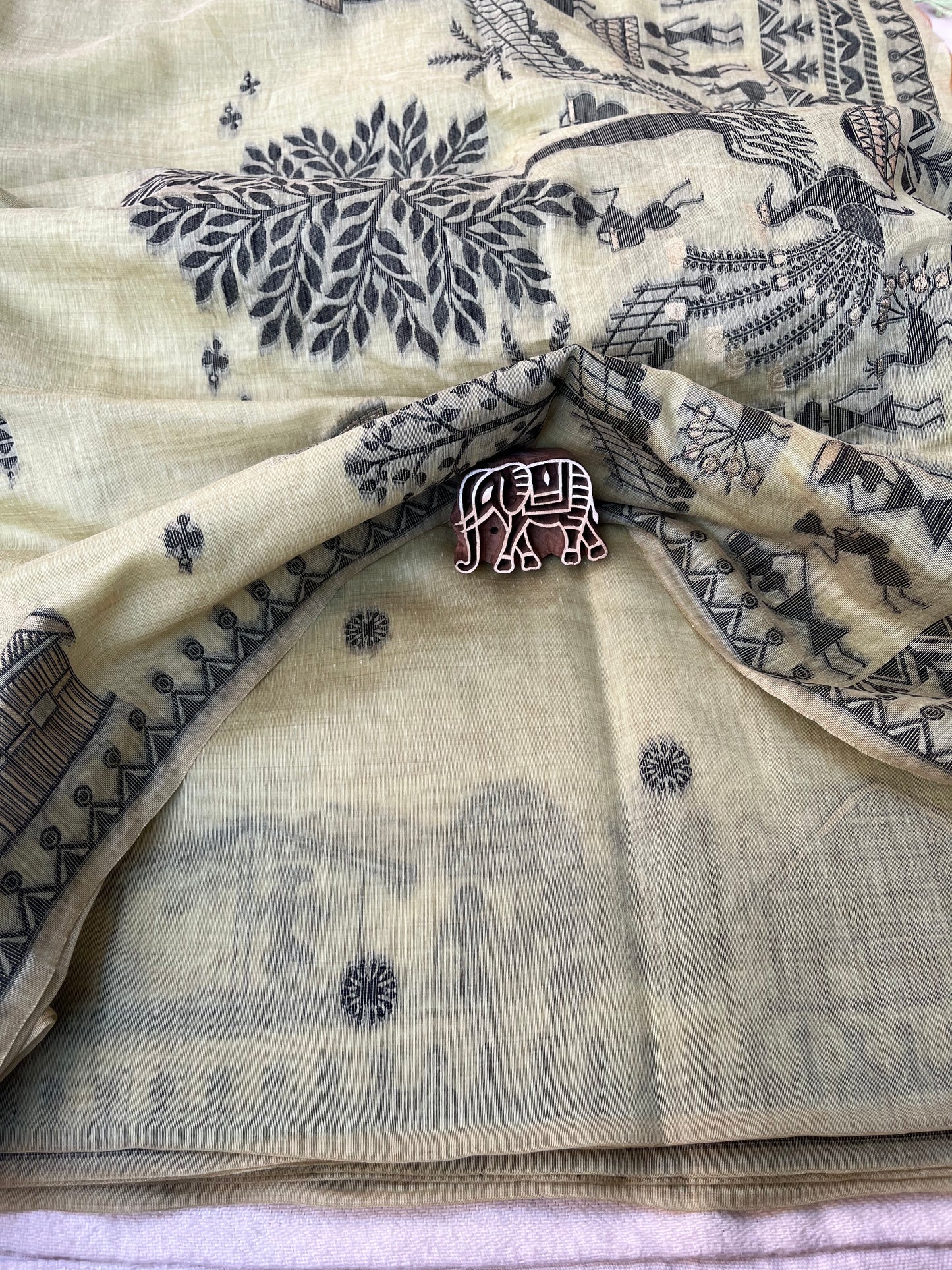 Chanderi Cotton Jamdani Saree - Lime Green Tribal Art