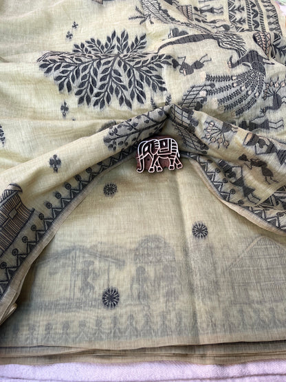 Chanderi Cotton Jamdani Saree - Lime Green Tribal Art