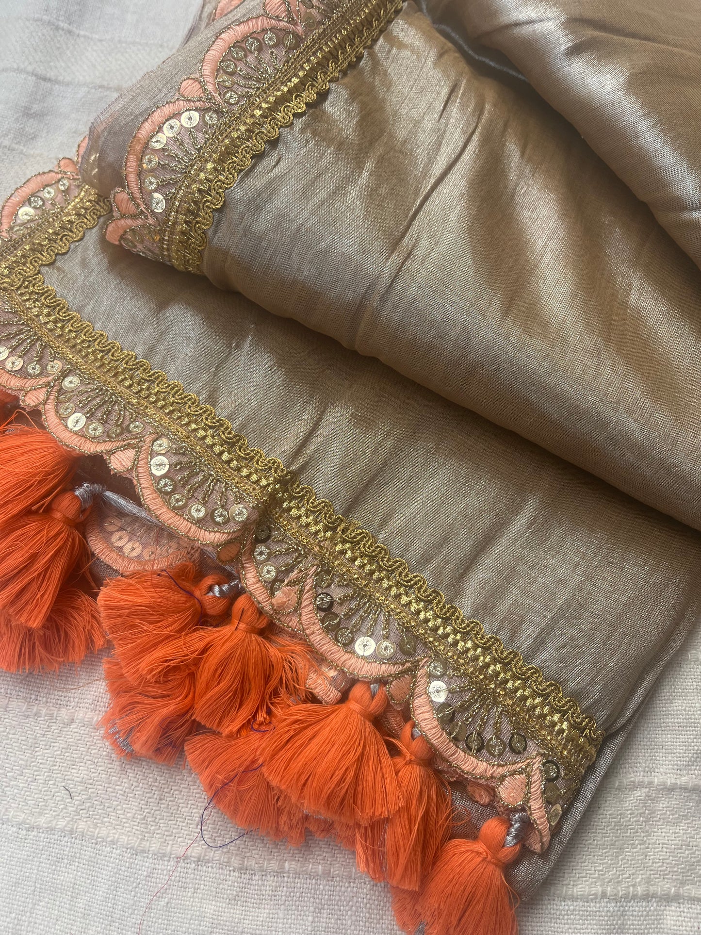 Raga Tissue Saree with Lace and Tassels - Gold & Peach