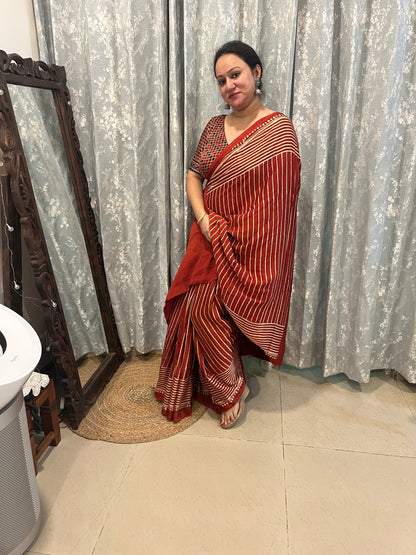 Contemporary Ajrakh Modal Silk Saree -Red Stripes