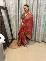 Contemporary Ajrakh Modal Silk Saree -Red Stripes