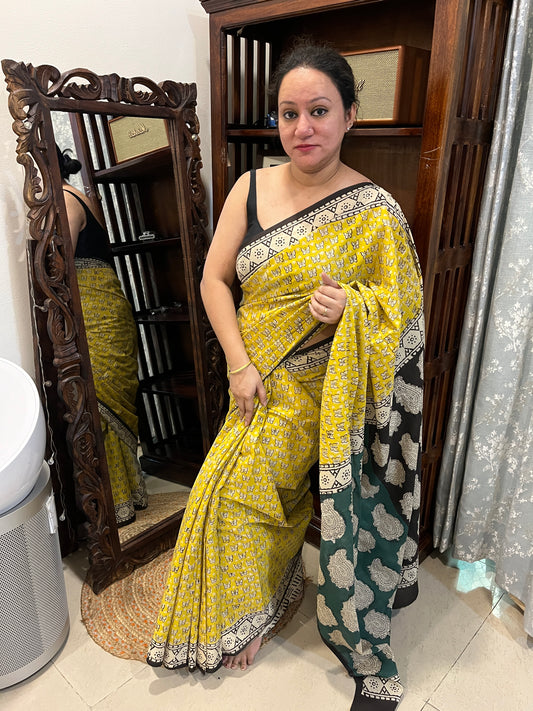 Butterfly Handblock Mul Cotton Saree - Yellow