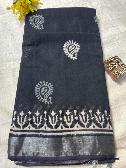 Black Handblock Linen Cotton Saree