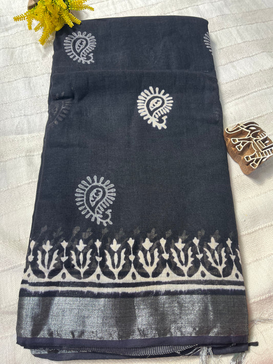 Black Handblock Linen Cotton Saree