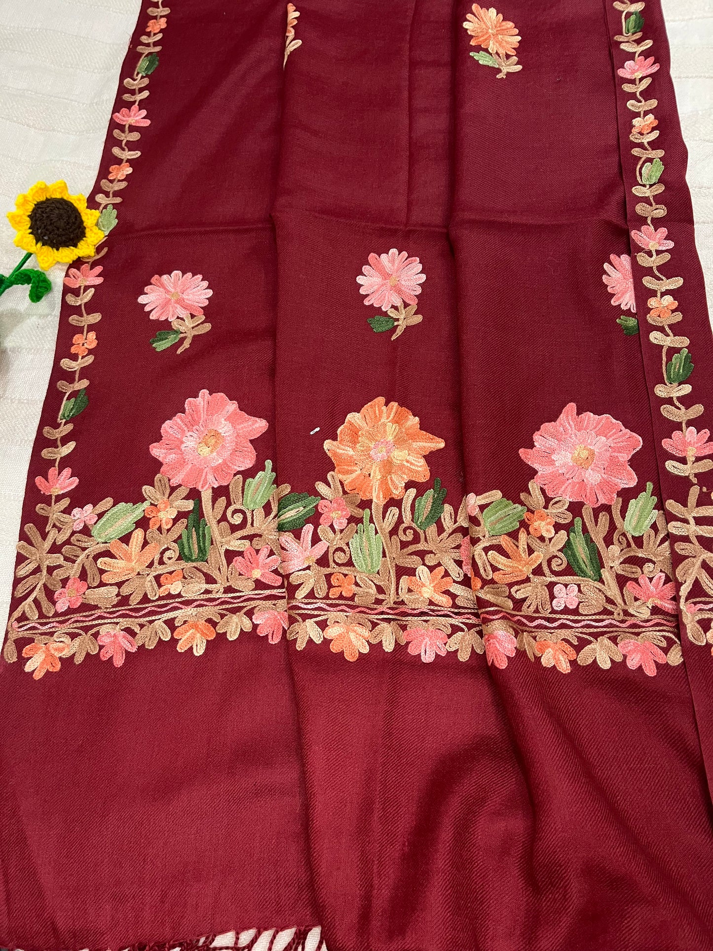 Kashmiri Aariwork Poly Wool Stole - Maroon