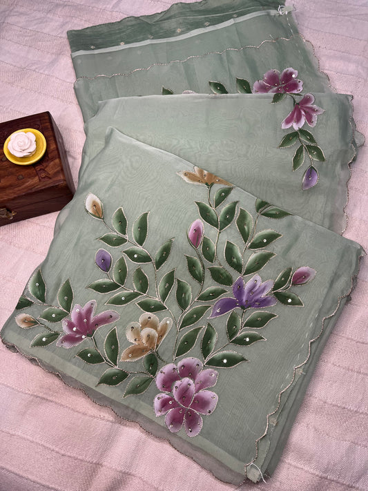 Crepe Organza Handpainted Saree with Embroidery- Rama Green